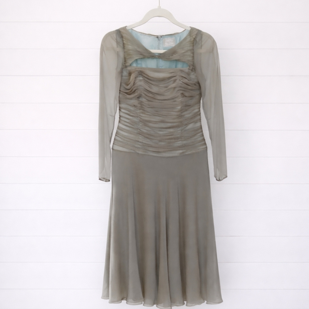 Rhonda Baum Taupe Chiffon Ruched Cocktail Dress Sheer Sleeves Formal XS Evening